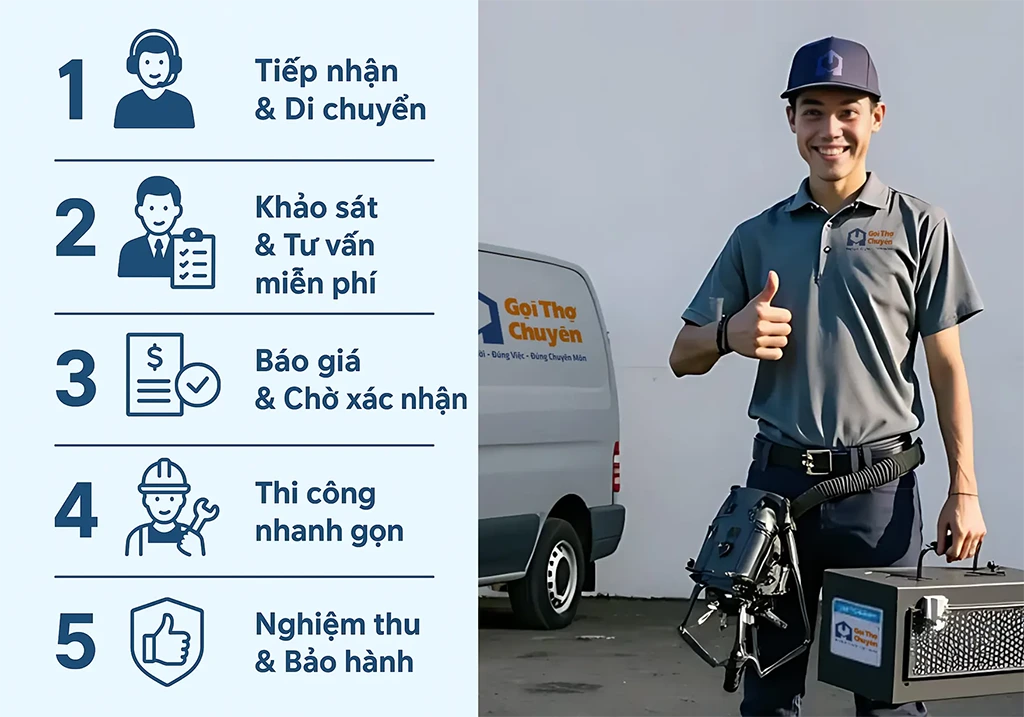 Infographic quy trình 5 bước thông tắc cống chuyên nghiệp của Gọi Thợ Chuyên tại Hải Phòng, bên cạnh là hình ảnh kỹ thuật viên mặc đồng phục.