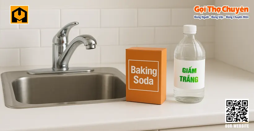 Một hộp baking soda và một chai giấm trắng đặt cạnh bồn rửa bát bằng inox, sẵn sàng để xử lý tắc nghẽn dầu mỡ tại nhà.
