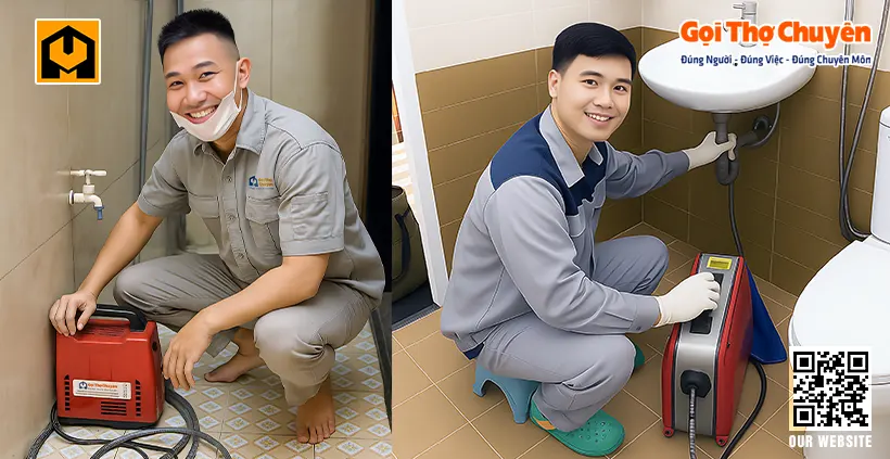Hình ảnh kỹ thuật viên chuyên nghiệp của Gọi Thợ Chuyên đang sử dụng máy thông tắc cống hiện đại tại một gia đình ở quận Ngô Quyền.