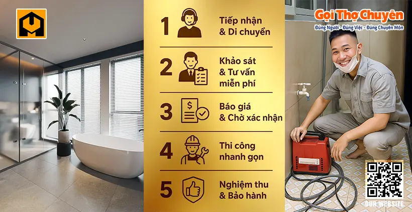 Infographic quy trình 5 bước dịch vụ thông tắc cống chuyên nghiệp của Gọi Thợ Chuyên, cùng hình ảnh kỹ thuật viên thân thiện và không gian nhà tắm sang trọng.